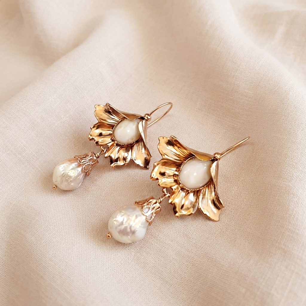 Orecchini a forma di calla con Perla pendente Orecchini a forma di calla con Perla pendente