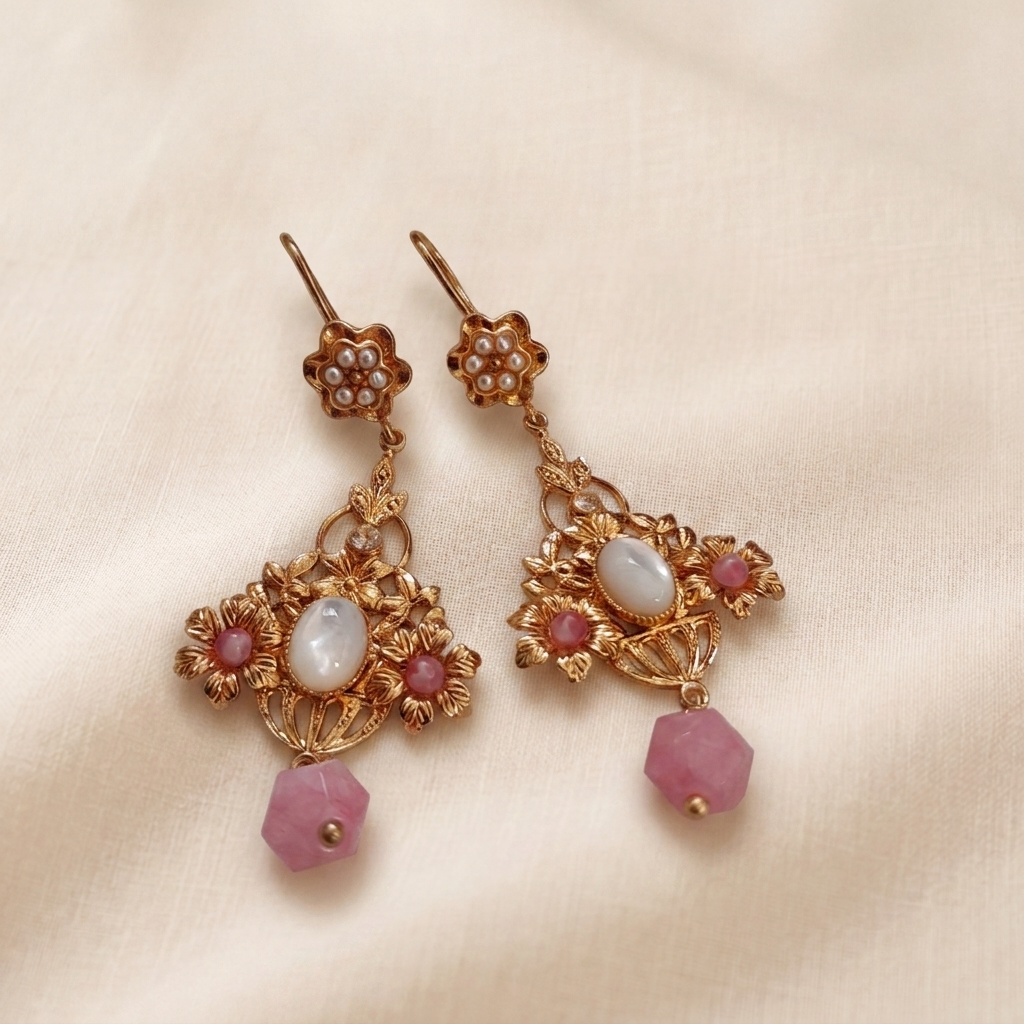 Orecchini a forma di cestino con Madreperla e Giada Rosa