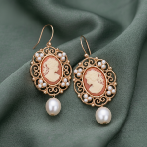 Orecchini in stile Liberty con Cammeo Rosa e Perle
