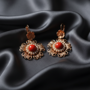 Orecchini a forma di fiore con Corallo e Perle