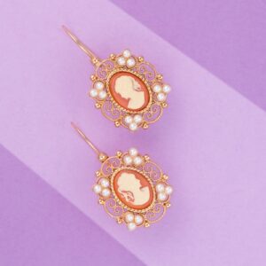 Orecchini stile Liberty con Cammeo Rosa e perle