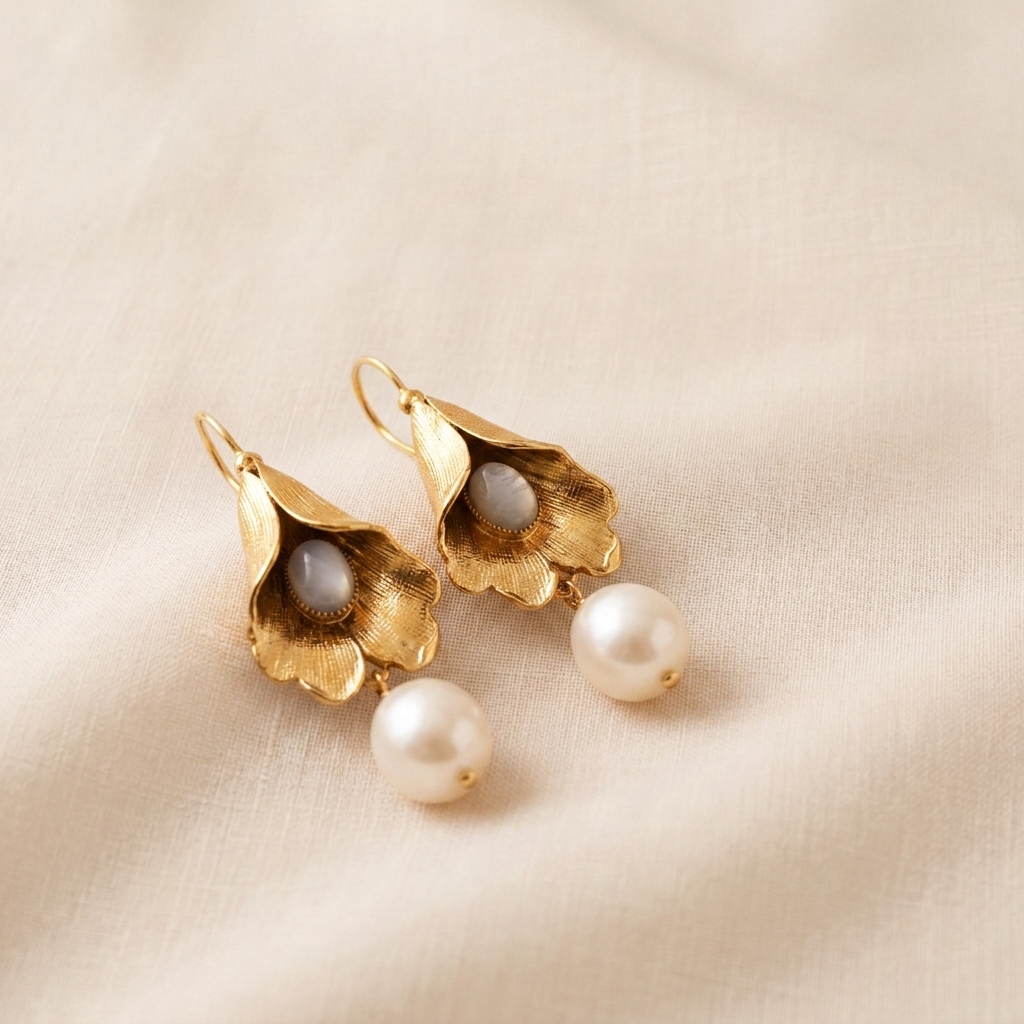 Orecchini a forma di calla piccola con Madreperla e Perle Orecchini a forma di calla piccola con Madreperla e Perle