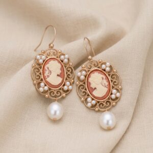 Orecchini in stile Liberty con Cammeo Rosa e Perle