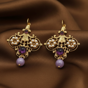 Orecchini in stile Liberty con motivi floreali con perle e pietre naturali